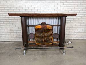 lot 511 image: Custom Made Minneapolis Moline Tractor Bar, 2 Live Edge Wood Slab Bar Top - Working Headlights