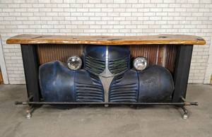 lot 501 image: Custom Made 1940s Dodge Truck Bar, 2 Live Edge Wood Slab Bar Top - Working Headlights
