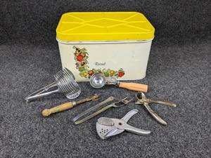 lot 730 image: Vintage Tin Bread Box and Vintage Kitchen Gadgets