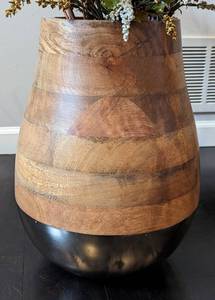 Pair of Beautiful Decorative Wooden Vases with a Faux Floral Arrangement