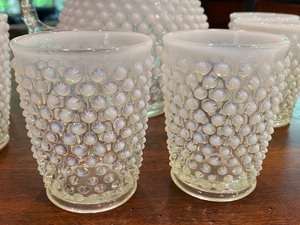 Vintage Hobnail Moonstone Pitcher and Juice Glass Set