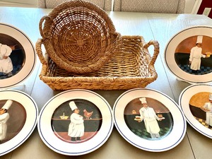 Six Decorative Chef Themed Plates and Two Baskets