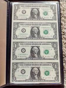 Uncut Sheet of 4 $1 Notes With COA