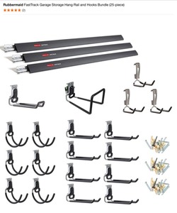 Rubbermaid FastTrack Garage Storage Hang Rail and Hooks Bundle (25-piece) & Extra 48 in. Hang Rails. See Pictures