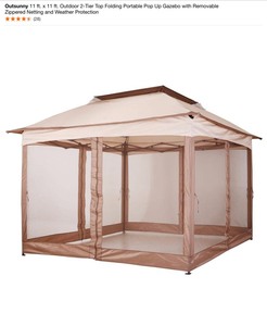 Outsunny 11 ft. x 11 ft. Outdoor 2-Tier Top Folding Portable Pop Up Gazebo with Removable Zippered Netting and Weather Protection. See Pictures