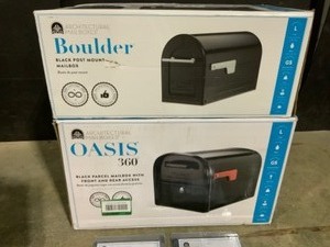 Architectural Mailboxes Oasis 360 Black, Large, Steel, Locking Parcel Mailbox, Boulder Mailbox with Silver Handle in Black & Mailbox Adapters. See Pictures