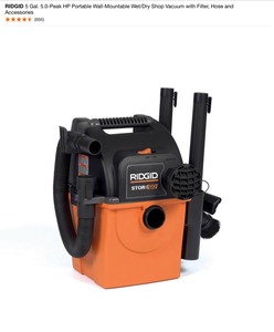 RIDGID 5 Gal. 5.0-Peak HP Portable Wall-Mountable WetDry Shop Vacuum with Filter, Hose and Accessories. See Pictures