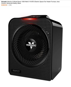 Vornado Velocity 5 Whole Room 1500-Watt 5118 BTU Electric Space Fan Heater Furnace, Auto Control, Advanced Safety, Black. See Pictures