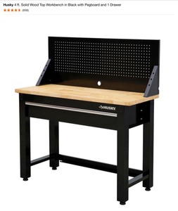 Husky 4 ft. Solid Wood Top Workbench in Black with Pegboard and 1 Drawer. See Pictures