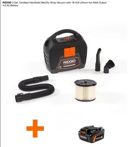 lot 4 image: RIDGID 3 Gal. Cordless Handheld WetDry Shop Vacuum with 18-Volt Lithium-Ion MAX Output 4.0 Ah Battery. See Pictures