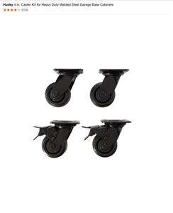 lot 9 image: Husky 4 in. Caster Kit for Heavy Duty Welded Steel Garage Base Cabinets & 4 in. Caster Kit for Regular Duty Welded Steel Garage Base Cabinets. See Pictures