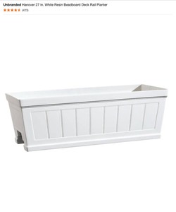 lot 10 image: (8) Unbranded Hanover 27 in. White Resin Beadboard Deck Rail Planter. See Pictures