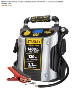 lot 11 image: Stanley 1400 Peak Amp Portable Car Battery Charger with 120 PSI Air Compressor and 3 USB Charging Ports. See Pictures