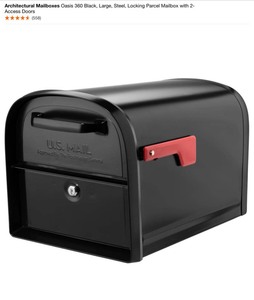 lot 13 image: Architectural Mailboxes Oasis 360 Black, Large, Steel, Locking Parcel Mailbox with 2-Access Doors, Wayland White Wall Mount & Steel Mailbox Adapter. See Pictures