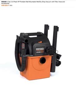 lot 14 image: RIDGID 5 Gal. 5.0-Peak HP Portable Wall-Mountable WetDry Shop Vacuum with Filter, Hose and Accessories. See Pictures