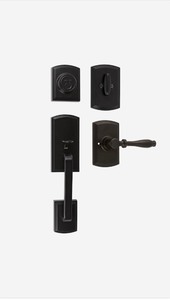 lot 21 image: Delaney Hardware  Visconti Black Entry Door Handleset & RD Series Contemporary Style Polished Chrome Straight BedBath Door Handles. See Pictures