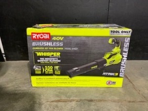 lot 25 image: RYOBI 40V Brushless 125 MPH 550 CFM Cordless Battery Whisper Series Jet Fan Blower (Tool Only). See Pictures