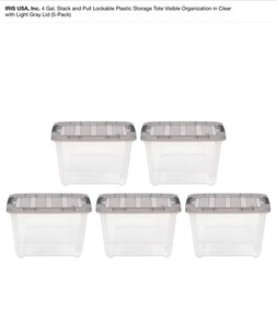 lot 44 image: (3) IRIS USA, Inc. 4 Gal. Stack and Pull Lockable Plastic Storage Tote Visible Organization in Clear with Light Gray Lid (5-Pack). See Pictures