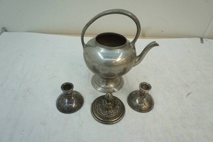 lot 195 image: pewter tea server and silversmith candle holders