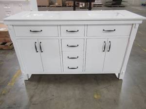 Bellington 60 in. W Bath Vanity in White with Engineered Stone Vanity Top in White with White Basins - Cracked Top.