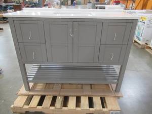 Winterfell 48 in. W x 22 in. D Vanity in Grey with Marble Vanity Top in White with White Basin - Cracked top and Basin. (See Photos).