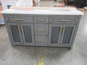 Erinton 60 in. W x 21 in. D Vanity in Antique Grey - Cracked Top and Basin, RH door needs some work.