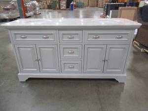 Home Decorators Collection Sadie 67 in. W x 21.5 in. D Vanity in Dove Grey with Marble Vanity Top in Natural White with White Basins MD-V1834 - Cracked Top and Basin. Cabinet has crack on RH Side.
