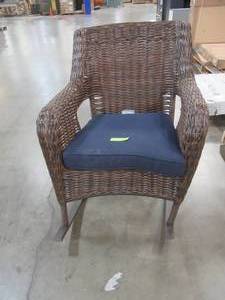 Cambridge Brown Wicker Outdoor Rocking Chair with Blue Cushions - Bent Frame, Needs Repair - Chair is still functional.