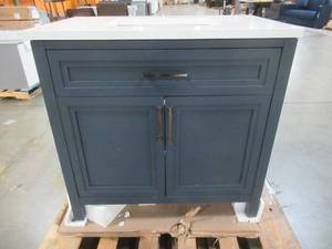 Mayfield 36 in. W x 22 in. D Vanity in Grayish Blue with Cultured Marble Vanity Top in White with White Basin - Small Crack on interior shelf.