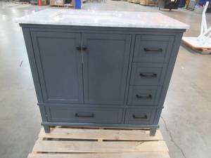 Merryfield 37 in. W x 22 in. D x 35 in. H Bathroom Vanity in Dark Gray with Carrara White Marble Top - Slight Crack on Back Panel.