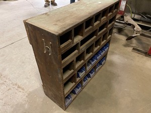 lot 77 image: Wood Wall Mount Partitioned Parts Storage Shelf
