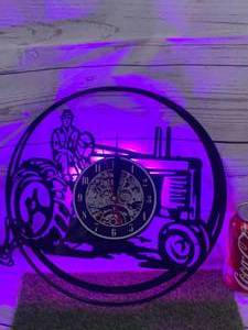 Purple LED Lighted Tractor Clock USB (12 Inch Wide)