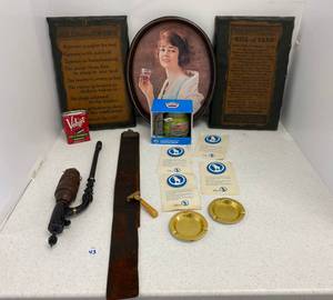 lot 43 image: Group Of Vintage Items including, Hand Carved Black Forest Pipe, Vintage Razor, Coca- Cola Serving Tray And More.