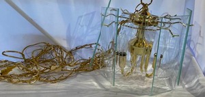 lot 73 image: Retro Glass and Brass Hanging Lamp with Beveled Glass