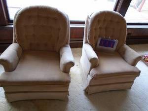 Qty of 2 upolstered arm chairs. As shown. Peach color.