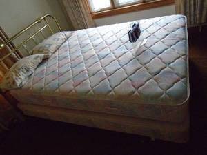 Queen sealy comfort series bed frame with brass headboard. As shown.
