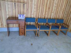 Qty of 4 wood chairs & desk. As shown.