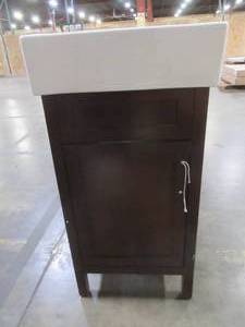 lot 413 image: Arvesen 18 in. W x 12 in. D Vanity in Tobacco with Ceramic Vanity Top in White with White Basin - Small crack on backboard.