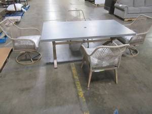 lot 419 image: Haymont 5-Piece Steel Wicker Outdoor Dining Patio Set with Beige Cushions - Small ScratchDent on Table Top.