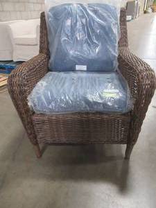 lot 427 image: Cambridge Brown Wicker Outdoor Patio Lounge Chair with CushionGuard Blue Cushions.