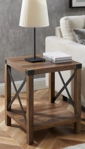lot 441 image: Urban Industrial 18 in. Rustic Oak Square Metal X Accent Side Tables with Lower Shelf, HDF18MXSTRO. NEW, UNCLAIMED FREIGHT