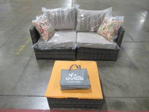 lot 435 image: Ontario Lake Gray Outdoor Patio Chairs with Tan Cushions and Table with Glass Top. NEW - Unclaimed Freight,