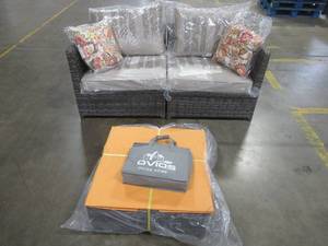 lot 436 image: Ontario Lake Gray Outdoor Patio Chairs with Tan Cushions and Table with Glass Top. NEW - Unclaimed Freight,