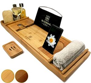 lot 50 image: 2 Adjustable Bathtub Caddy Trays, Brown and Natural