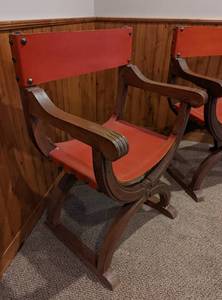 lot 27 image: Pair of Antique Curved Wood and Leather Chairs