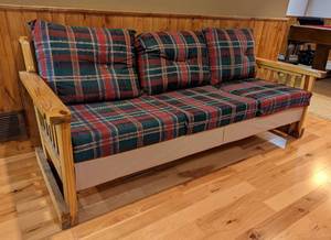 lot 50 image: Plaid Upholstered Sofa with Wood Frame
