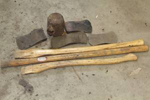 lot 716 image: Assorted Wood Tool Handles, Axe Heads, Sledgehammer Head