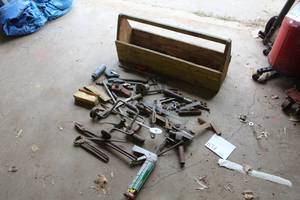 lot 654 image: 31 Wood Tool Tote, Hand Tools - Hand Drills, Shop Tongs, Caulk Gun, Misc. Hand Tools