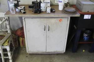 lot 764 image: MetalWood Storage Cabinet with Work Table Top