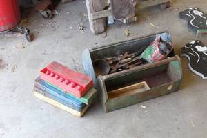 lot 781 image: Lot of (2) Metal Tool Totes, Wrenches, Empty Storage Boxes